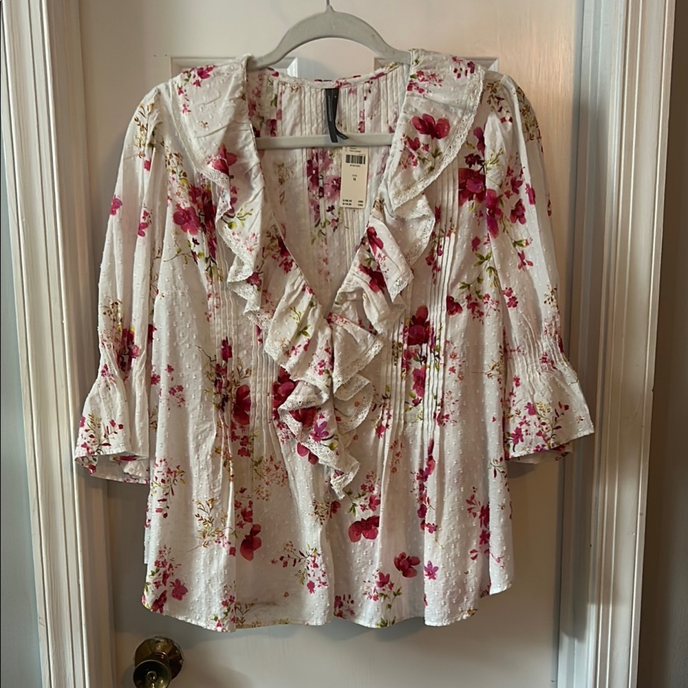 By Anthropologie Ruffled Pin-Tuck Button-Front Blouse Floral